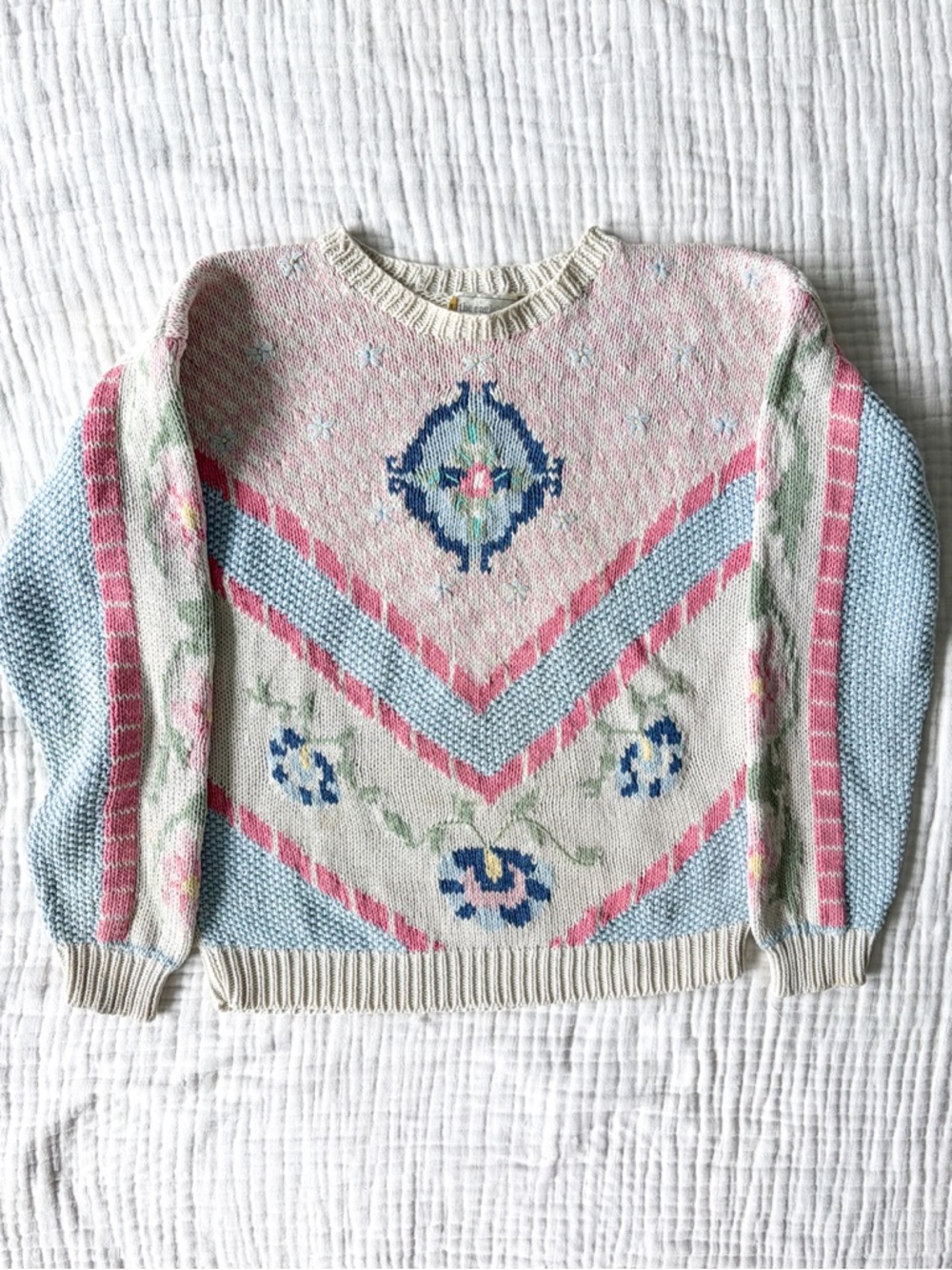 Vintage Eagle’s Eye Knit Sweater 90s Floral Cottagecore Grandma Size M